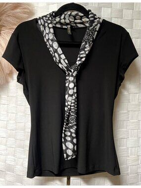 Olivia Paige Tie Scarf Short Sleeve Polka Dot Black & White Top Size M